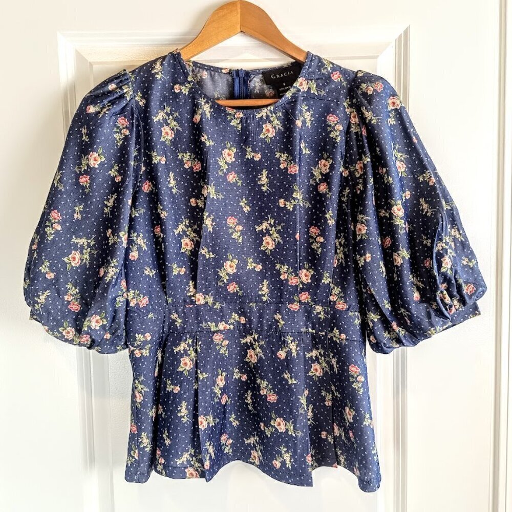 Gracia Blue Floral Peplum Top - Picture 3 of 6